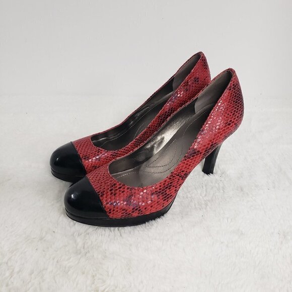 Tahari Laura Pumps Stiletto Red Snakeskin Black Patent Leather Pinup Vamp 7 - Picture 1 of 15